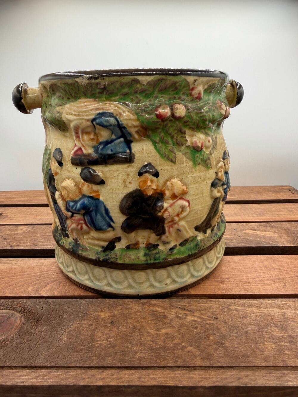 Antique Majolica Cachepot Planter Relief Tavern Scene Dancing Figure Pottery Jar